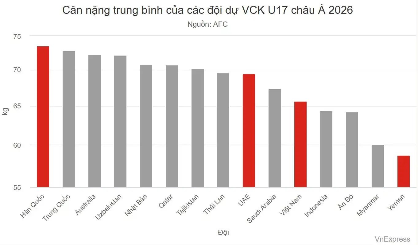 Việt Nam trong nhóm gần cuối về thể hình ở U17 châu Á